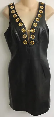 Michael Hoban North Beach Leather Dress Black Sleeveless Gold Grommets 6 • $350