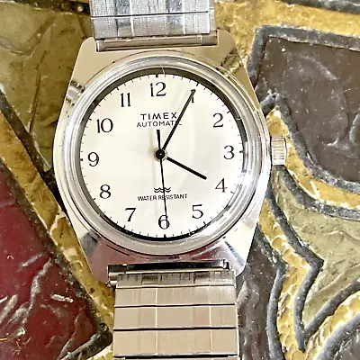 Vintage 1981 Men's Timex Viscount AUTOMATIC Watch White Dial Serviced • $40