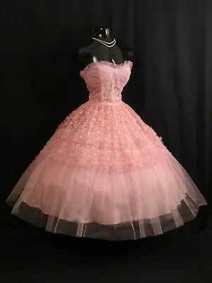 Vintage 1950's 50s Strapless PINK Tulle Lace Party Prom Wedding Dress Gown M/L • $499.99