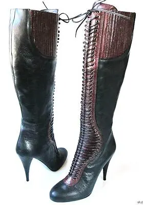 1.2K PRADA MIU MIU Black/burgundy CORSET Knee-high BOOTS 35.5 US 5.5 - Amazing • $299.99