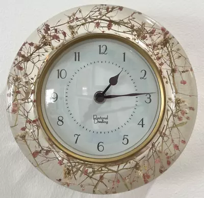 VTG Lucite Retro Clock 8  Acrylic Resin W/Dried Wildflowers New Battery & Works! • $23