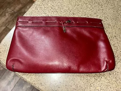 Vintage 60s 70s Etienne Aigner Oxblood Leather Zippered Clutch Handbag 13”x8” • $35