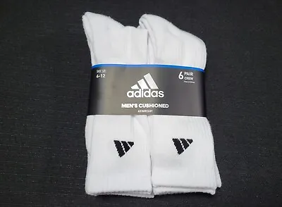 Adidas Men's Cushioned  Sports Crew Soft Socks 6 Prs SZ 6-12  Aeroready White • $19.99