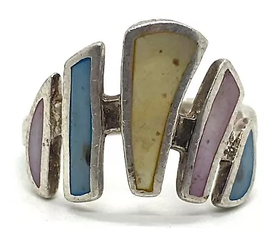 Wave Rainbow Pink Blue Yellow 925 Sterling Silver Mens Ring Band Size 7 Art Deco • $32