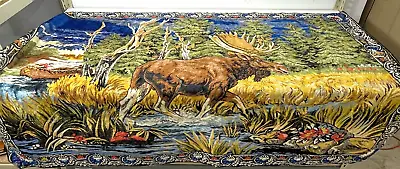 Wild Life Moose Lake Wall Tapestry Fabric 71x49 Blue Red Free Shipping • $65