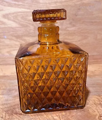 Vintage Amber Glass Diamond Point Small Square Decanter • $15.50