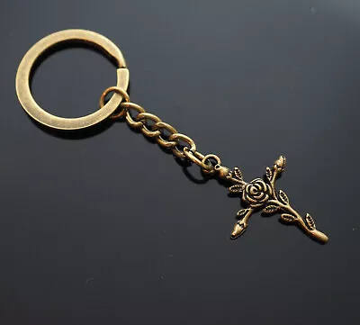 $5.88 • Buy Flower Branch Leafs Rose Cross Blossom Christian Keychain Key Chain Ring Bronze