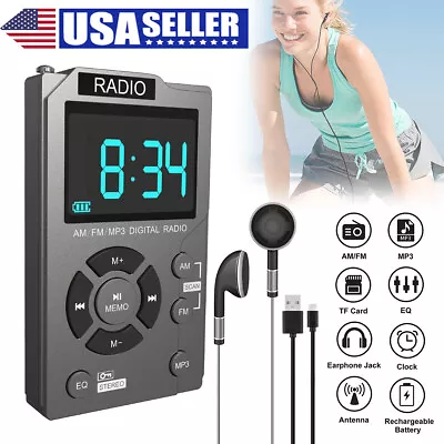 Mini Digital Portable Pocket LCD AM FM Radio Stereo USB Rechargeable W/Earphone • $19.99