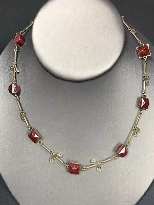 Vintage Kaari Meng So Ho NY Vintage Red Glass Charm Dangle Necklace 16” Brass • $60.20