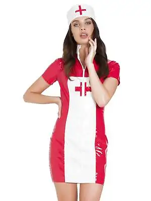 Honour Mischievous Medic PVC Nurse Dress With Cap In Red & White • £43.99