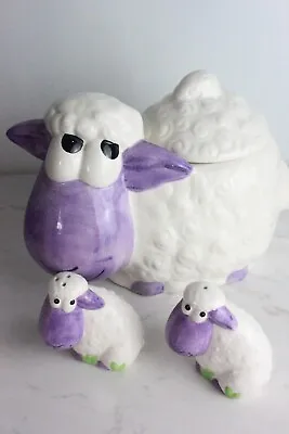 Vintage Hand Painted Ceramic White Smiley Sheep With Purple Face & Salt & Pepper • £50