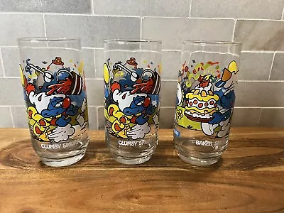 Vintage Smurf Drinking Glasses  Peyo 1983 (1) Baker Smurf & (2) Clumsy Smurf • $25