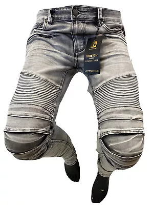 Mens Jean VICTORIOUS SKINNY LEG FIT GRAY DENIM RIPS POCKET BIKER ROCK DL1083 NWT • $45.47