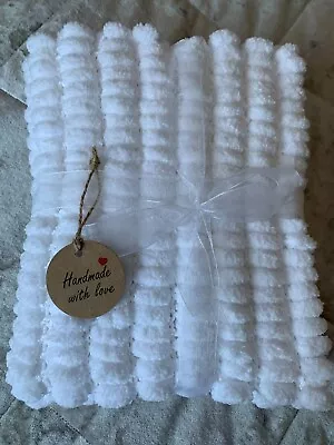 Hand Knitted Super Soft Baby Pompom Car Seat Crib Blanket. White. • £11