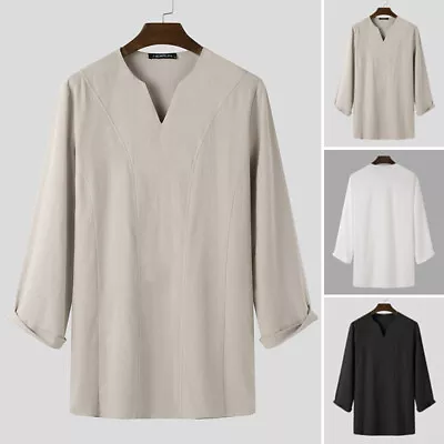 Men Long Sleeve Casual Loose Linen Kurta Shirts Festival Short Kaftan Tunic Tops • $17.91