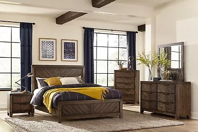 NEW Queen King 5PC Bedroom Set Modern Rustic Cherry Brown Furniture Bed/D/M/N/C • $1699.99