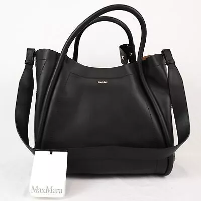 Max Mara Small Leather Marine Tote Bag In Black With Gold Hardware • £401.74