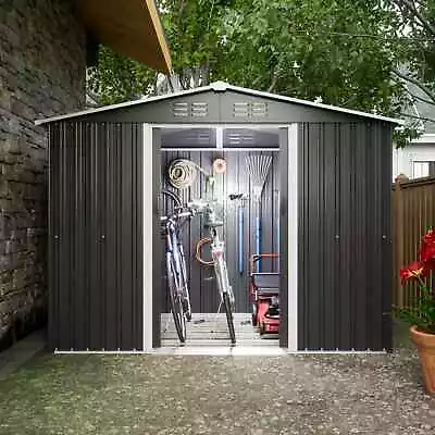 8X6FT Metal Garden Shed Apex Roof With Free Foundation Storage House Anthracite • £239.99