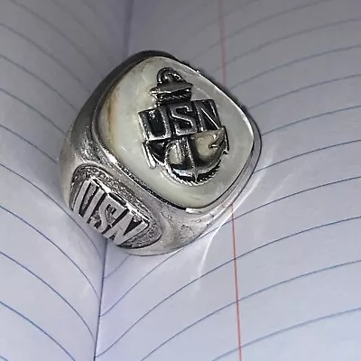 USN Sterling Silver Anchor Ring Mother Of Pearl Sz 7 1/2 Also 14.7 G • $75