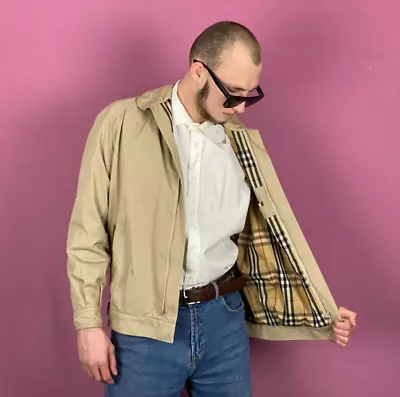 90s Burberrys Vintage Nova Check Men's Harrington Jacket - M Beige Cotton Blend • $160