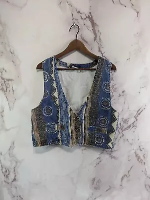 Vintage Vest Womens Large 90s Paisley Southwestern Denim Jean Patchwork 80s Blue • $22.35