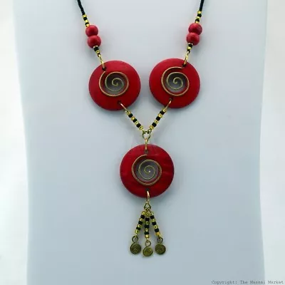 Maasai Market African Jewelry Masai Copper Wire Wood Bead Necklace Red 126-27 • $22.99