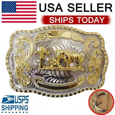 Men Cross Praying Animal Long Huge Rodeo Big Cowboy Western Shine Belt Buckle • $13.99