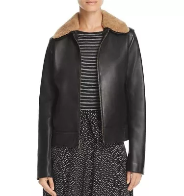 Vince Womens Black Leather Shearling Collar Moto Coat Outerwear L • $803.25