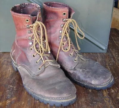 Vintage 70's TEXAS STEER LEATHER LOGGING BOOTS Vibram Packer Smoke DISTRESSED 12 • $19.50