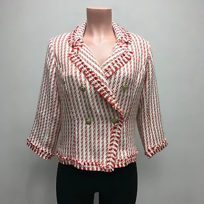 G By Giuliana Women White Red Striped Double Breasted Warm Fringe Tweed Blazer S • $22.46