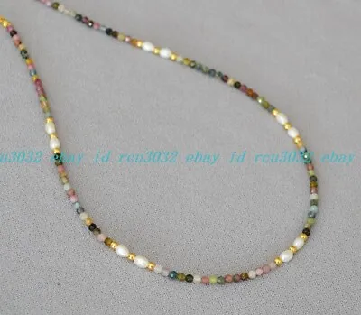 Faceted 3mm Natural Multicolor Tourmaline White Pearl Round Beads Necklace AAA • $6.99