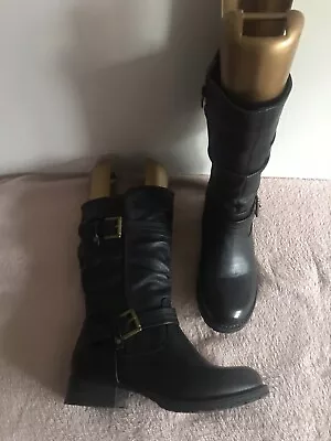 Vintage Lilley & Skinner Black Faux Leather Calf High Boots Buckles 6 39 Ex/Cond • £20