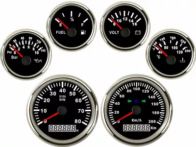 6 Gauge Set Black 200KM/H GPS Speedometer Tacho Fuel Volt Meter Oil Temp Red Led • $158.91