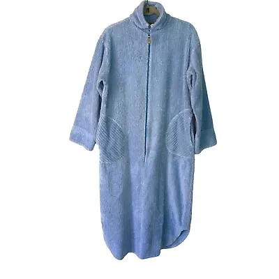 Herbcraft Vintage Womens Robe Blue Size Large Cotton Chenille Zip Front Pockets • $57.48