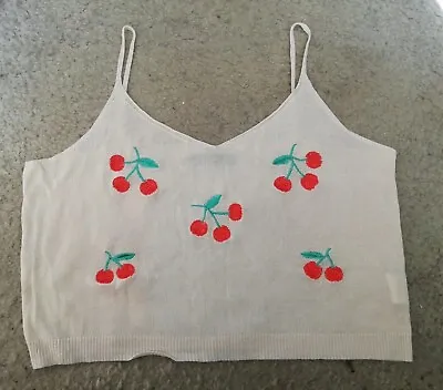 BNWOT Size L / 12 Cream Strappy Top With Embroidered Cherries Zaful • £4