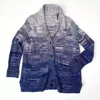 Margaret O'Leary Cardigan Sweater Cotton Patch Blue Ombre Button Up Women's L • $29.96