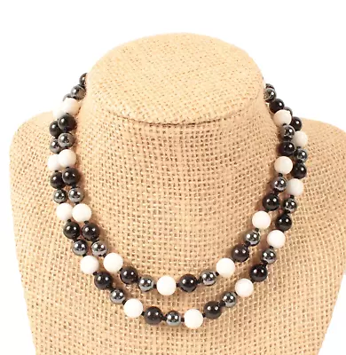 28 Inch Knotted Strand Necklace 8mm MOP Jet Hematite • $19.49