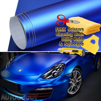 30ft X 5ft Satin Matte Chrome Metallic Deep Blue Vinyl Film Wrap Air Bubble Free • $142.99