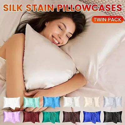 2Pcs Silk Satin Pillow Case Cover Solid Standard Bedding Smooth Soft Pillowcases • $10.99