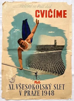 Original Vintage Poster SOKOL - SPORT - GYMNASTIC FESTIVAL- CZECHOSLOVAKIA -1948 • $115