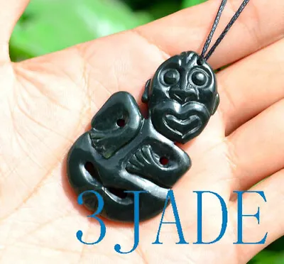 55mm Black Green Nephrite Jade Hei Tiki Pendant NZ Maori Style Necklace • $39.99