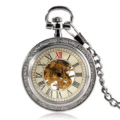 Mens Silver Mechanical Pocket Watch Open Face Roman Numerals Skeleton Dial Gifts • $18.76