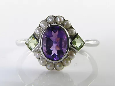 $337.79 • Buy Suffragette 9ct 9k White Gold Amethyst Peridot Pearl Art Deco Ins Cluster Ring 