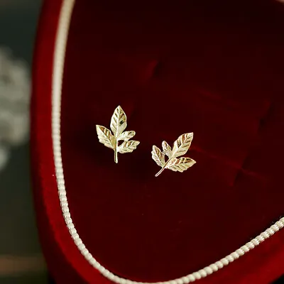 14K Gold Plated Solid 925 Sterling Silver Maple Leaf Stud Earrings Gift • £5.49