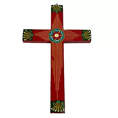 Wood & Painted Cross Handmade Wood Mexico Folk Art Wall Hanging Hand Painted • $16.82