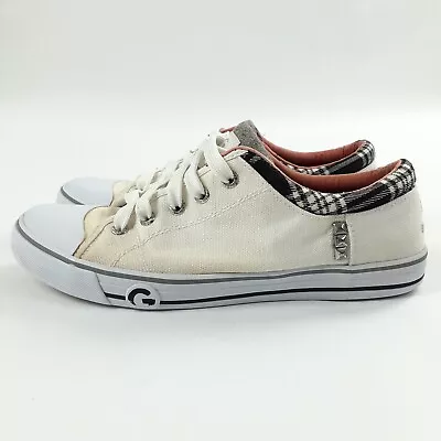 G By Guess Shoes 149 8.5 M White Low Top Sneakers Studded Canvas Plaid Cap Toe • $7.21