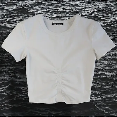 Zara White Scrunch Front Fitted Crop T-shirt Sz S • $19