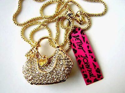 Betsey Johnson Gold Chain Sparkly White Crystal Designer Purse Satchel Necklace • $9.95