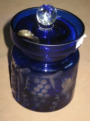 Bohemian Czech Republic Cobalt Blue Cut  Jelly Jam Jar Grape And Star/ Spoon • $40