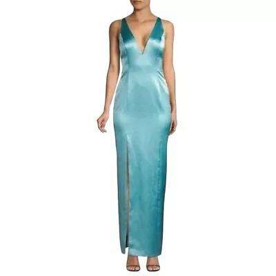 Size 0 Aqua Blue Stamped Satin Gown Aidan Mattox Formal Maxi Slip Prom Dress • $68.83